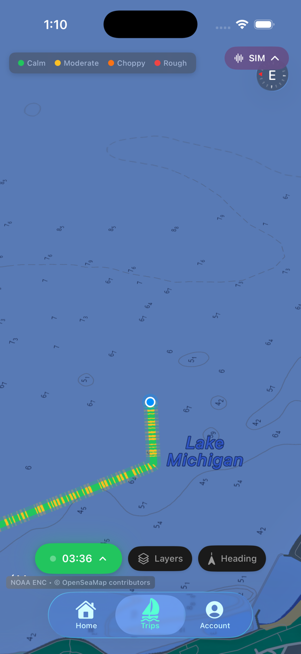 Good Buoy trip recording with GPS breadcrumb trail and water roughness overlay on Lake Michigan