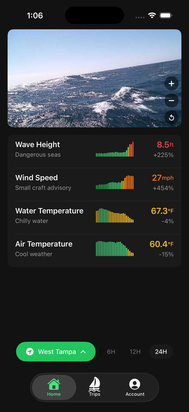 Good Buoy app showing live ocean conditions — wave height, wind speed, water temperature with BuoyCAM feed