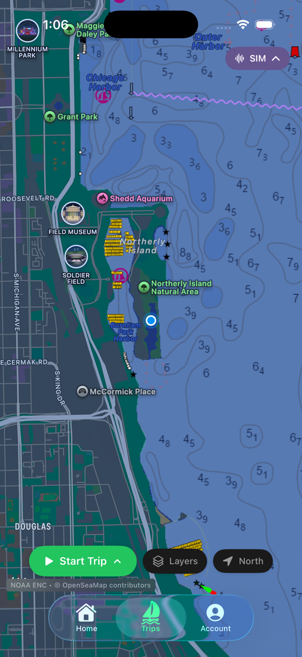 Good Buoy nautical chart overlay showing NOAA depth contours and channel markers on Lake Michigan