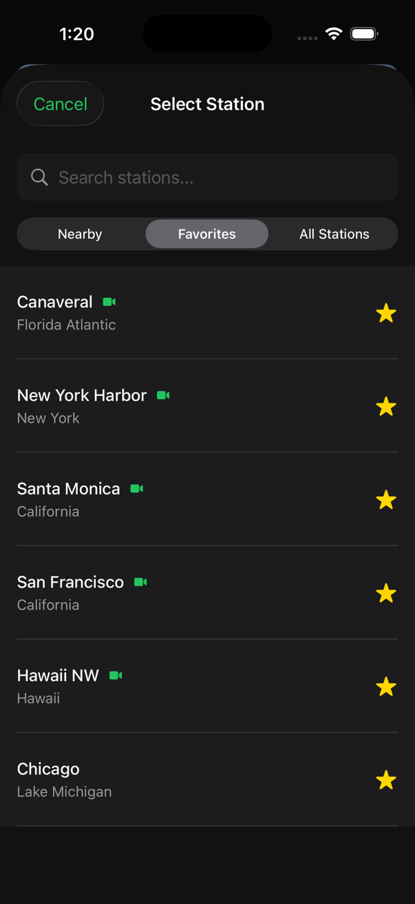 Good Buoy station picker showing favorite buoy stations across Canaveral, New York, Santa Monica, San Francisco, Hawaii, and Chicago
